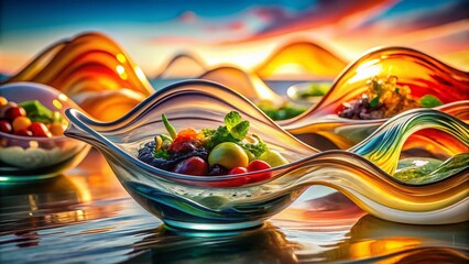 Vibrant Glass Waves: Abstract Culinary Art with Soft Gradient Hues for Stunning Food Photography