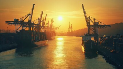 Fototapeta premium A state-of-the-art port at sunrise, with towering cranes and cargo ships, the morning light illuminating the containers