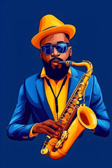 Naklejka premium Illustration of an African saxophonist in yellow hat, celebrating the lively and soulful nature of jazz on a blue background.