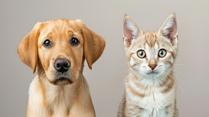 Adorable puppy and kitten sitting side by side, showcasing their unique features and expressions.
