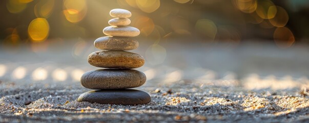 Obraz premium Stack of smooth pebbles in a sandy zen garden, evoking harmony, balance, and serenity. Free copy space for text.