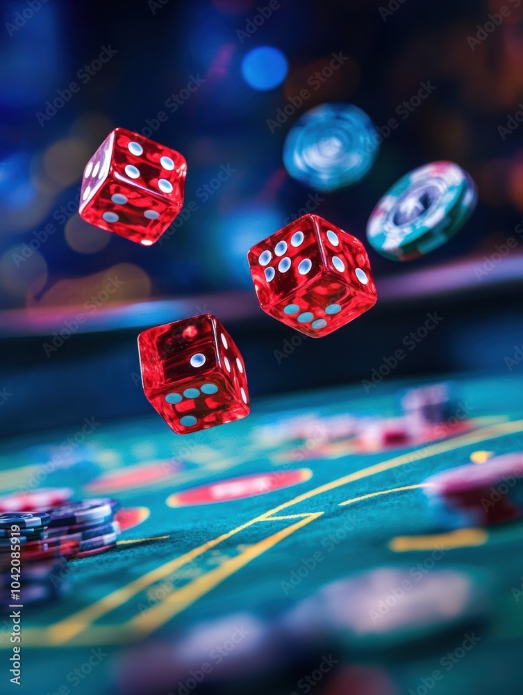 Poster red dice are flying through the air above a craps table while poker chips are scattered across the v
