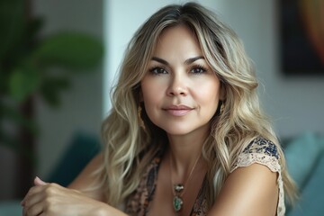 Head shot portrait pretty blonde mexican american woman looking at camera, sits alone on sofa photoshooting, enjoy pleasant pastime weekend at home at own or rented apartment. Beautiful mature female 