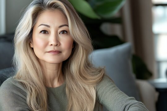 Head shot portrait pretty blonde asian american woman looking at camera, sits alone on sofa photoshooting, enjoy pleasant pastime weekend at home at own or rented apartment. Beautiful mature female pr