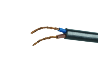 Old black electrical wire is damaged isolated on transparent background.