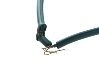 Old black electrical wire is damaged isolated on transparent background.