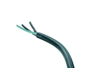 Old black electrical wire is damaged isolated on transparent background.