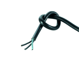 Old black electrical wire is damaged isolated on transparent background.