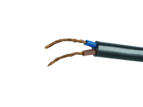 Old black electrical wire is damaged isolated on transparent background.