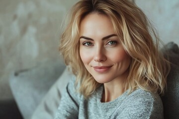 Fototapeta premium Head shot portrait pretty blonde woman looking at camera, sits alone on sofa photoshooting, enjoy pleasant pastime weekend at home at own or rented apartment. Beautiful mature female profile picture