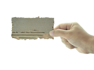 Female hand holding blank note paper isolated on transparent background.