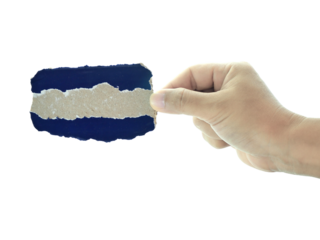 Female hand holding blank note paper isolated on transparent background.