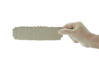 Female hand holding blank note paper isolated on transparent background.