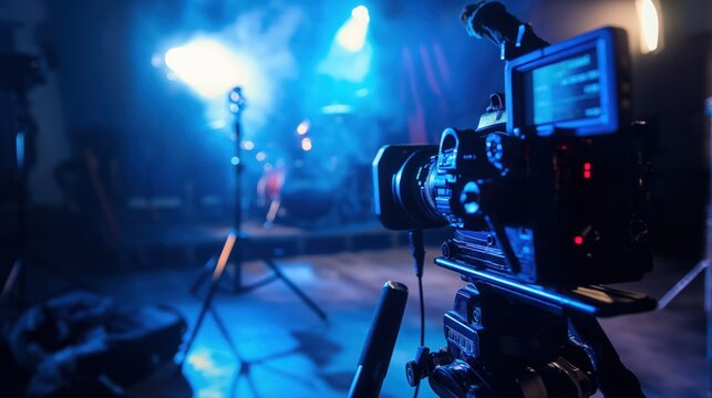 Professional video camera in illuminated studio with vibrant blue lighting, media production setup