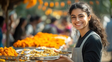 A volunteer handing out warm meals to people in need during a Diwali food donation drive. The scene is set outdoors with festive decorations in the background,