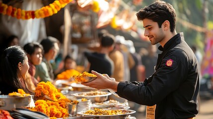 A volunteer handing out warm meals to people in need during a Diwali food donation drive. The scene is set outdoors with festive decorations in the background,