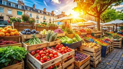 Fototapeta premium Vibrant Outdoor Market Full of Fresh Fruits and Vegetables for Culinary Enthusiasts
