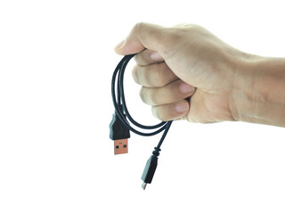 Female hand holding USB electronic devices isolated on transparent background.