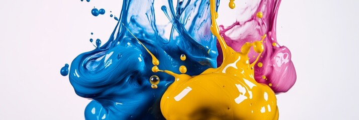 青、ピンク、黄色の絵具が混ざり合うアート作品のクローズアップ