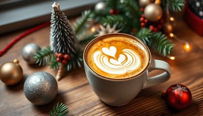 Close up of Hot coffee latte with latte art milk foam in cup mug with Xmas decors and Xmas tree baubles on wood desk Celebrating Merry Christmas and New year with a white accent, png