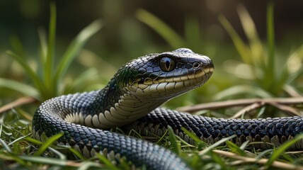 Fototapeta premium A green and black snake with yellow stripes, looking to the right, with its head raised above the green grass.