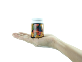 Female hand holding brown antibiotic bottle isolated on transparent background.