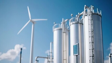 Renewable Energy Integration Outdoor Hydrogen Storage Tanks with Wind Turbines and Solar Panels - A Green Industrial Landscape