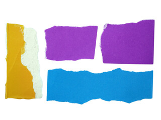 Several pieces of multi-colored torn-edge paper isolated on transparent background.