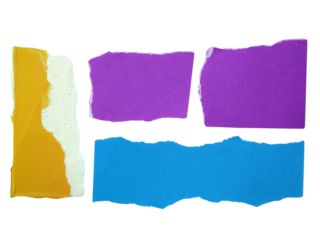 Several pieces of multi-colored torn-edge paper isolated on transparent background.