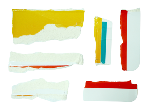 Several pieces of multi-colored torn-edge paper isolated on transparent background.
