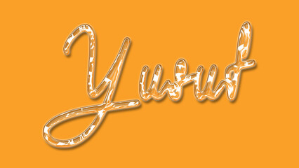 3D Thick Transparent Liquid text effect of name Yusuf on Yellow Background.