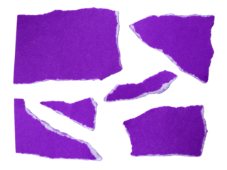 Several pieces of purple torn-edge sticky notes isolated on transparent background.