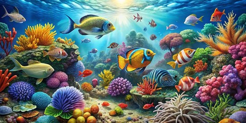 Obraz premium Vibrant Sea Life Coloring Book Page for Kids - Underwater Adventure with Fish, Coral, and Marine Creatures