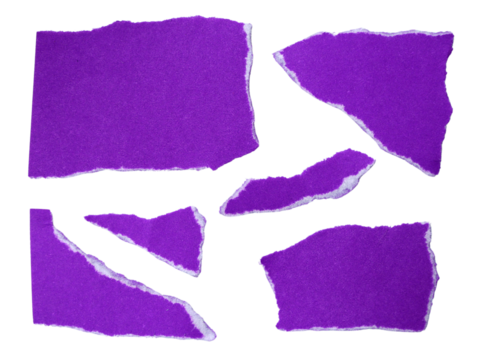 Several pieces of purple torn-edge sticky notes isolated on transparent background. - Powered by Adobe