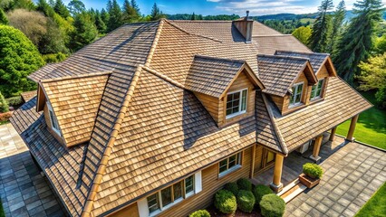 Contemporary house with cedar shake roof in summer high angle view