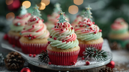 A close-up of festive holiday cupcakes, frosted with red and green swirls, topped with tiny edible snowflakes and Christmas tree toppers, arranged on a silver platter with pine needles.