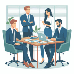 Partners meeting for business discussion with documents and laptop on desk. Couple at round table, speaking, discussing work, partnership. Flat vector illustration isolated on white background