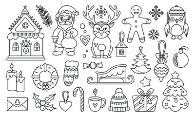 Obraz premium Christmas coloring page elements. Children cute xmas characters, santa claus deer owl gingerbread decorated tree wreath. Neoteric doodle holiday vector set
