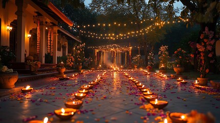 An outdoor Diwali celebration with eco-friendly firecrackers that produce bright lights but minimal sound, held in a spacious area. The night sky is illuminated with colorful sparks,