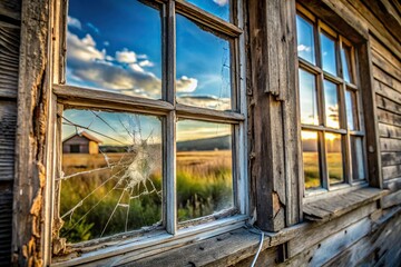 Cracked window panes in abandoned building