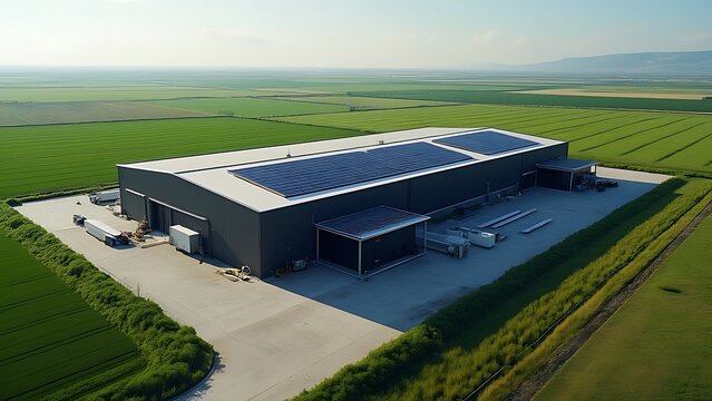 Aerial view of a large-scale data center powered by sustainable energy with solar panels on the roof, surrounded by greenery.