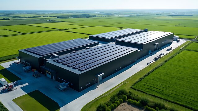 Aerial view of a large-scale data center powered by sustainable energy with solar panels on the roof, surrounded by greenery.