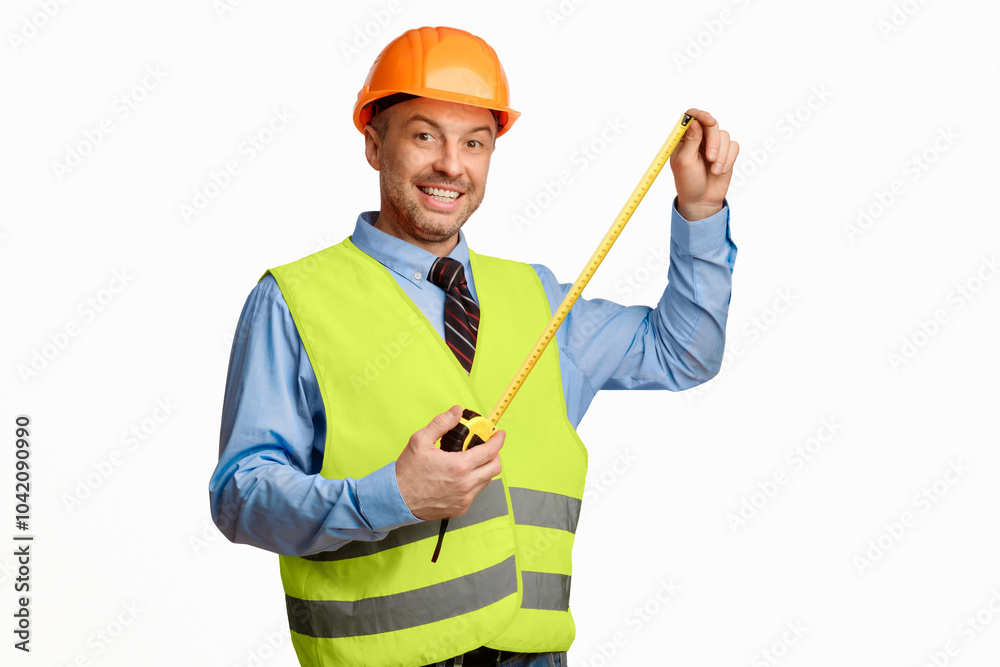 Poster Builder Workman Posing With Tape-Measure Smiling To Camera Standing On White Background. Building House Concept. Studio Shot