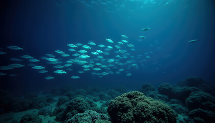 Un banco de peces nadando sobre un arrecife de coral bajo aguas profundas y cristalinas del oc&eacute;ano.
