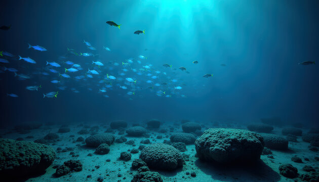 Cardumen de peces de colores brillantes nadando sobre un fondo de corales y rocas en aguas profundas.