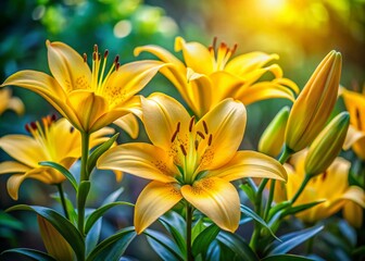 Obraz premium Vibrant Yellow Lily Flowers in Bloom - Nature's Beauty Captured with Rule of Thirds for a Stunning Visual