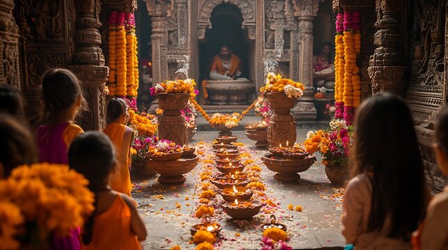 Children participating in a Diwali treasure hunt at a traditional Indian courtyard, searching for small gifts hidden behind intricately carved pillars and within flower arrangements.