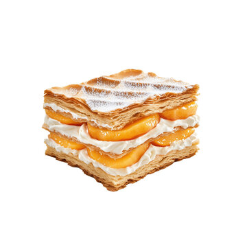 Mille-feuille cake peach with cream, studio shot on transparent background, professional food studio style