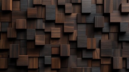 A textured wall composed of variously sized dark wooden blocks, creating an artistic, modern look with depth and contrast.