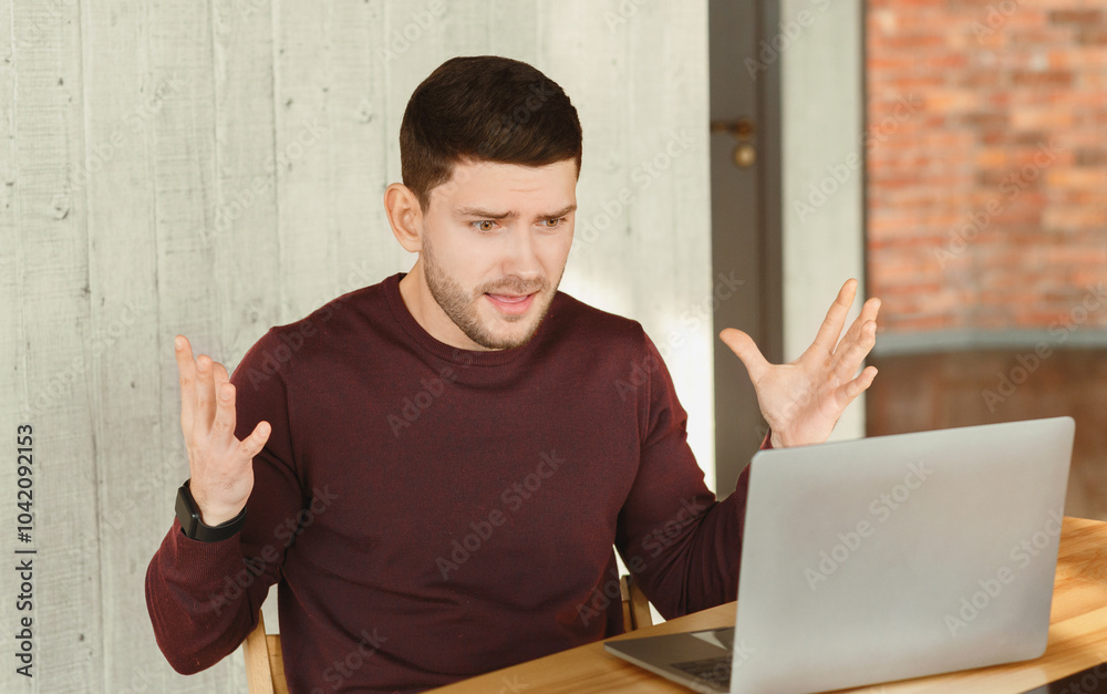 Poster Computer Problem. Unhappy Man At Laptop Gesturing With Hands Having Issue At Work In Modern Office. Selective Focus
